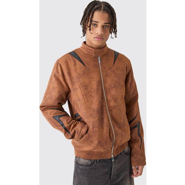 Regular Fit Washed Faux Suede Moto Jacket - Beige - S