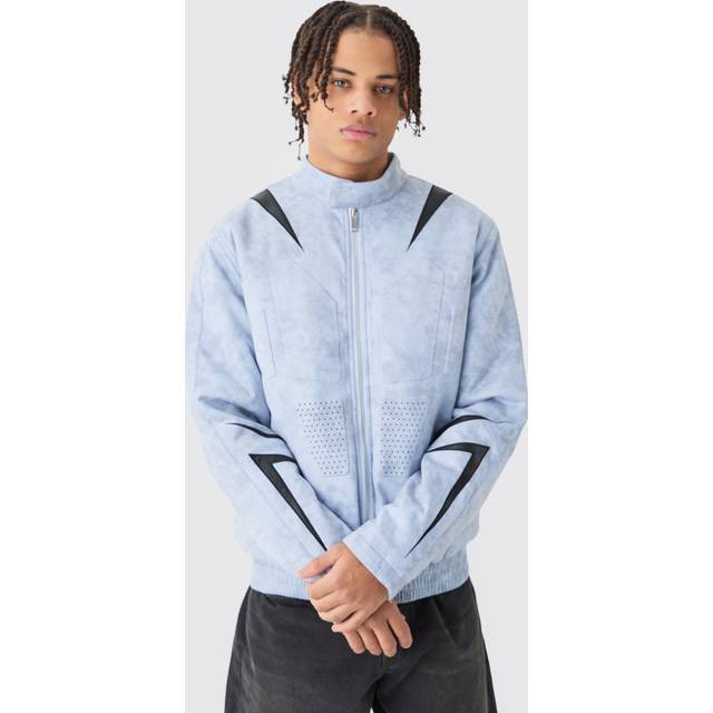 Regular Fit Washed Faux Suede Moto Jacket - Grey - L