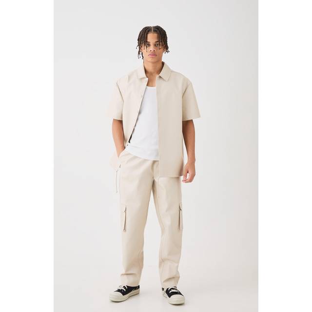 Mens Beige Short Sleeve Drop Shoulder Pu Overshirt & Cargo Trouser Set