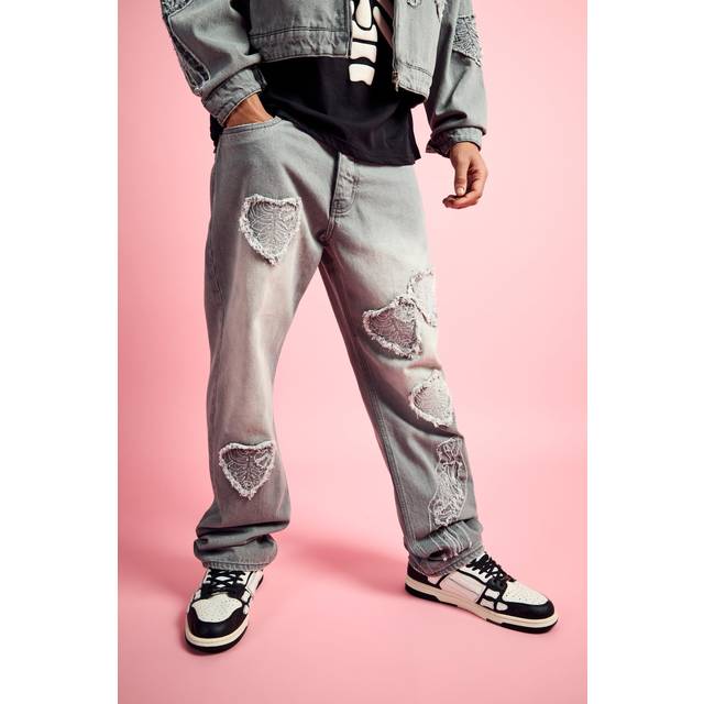 Relaxed Rigid Heart Applique Jean In Light Grey - 36R