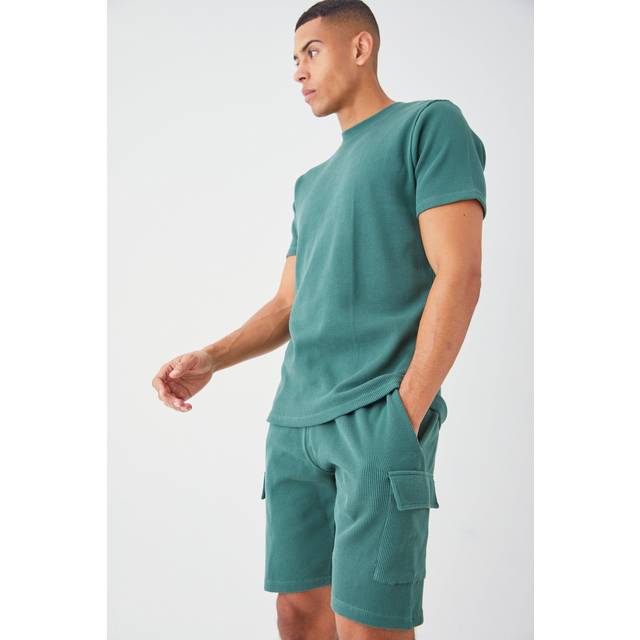Slim Waffle T-shirt & Cargo Short Set - Green - L