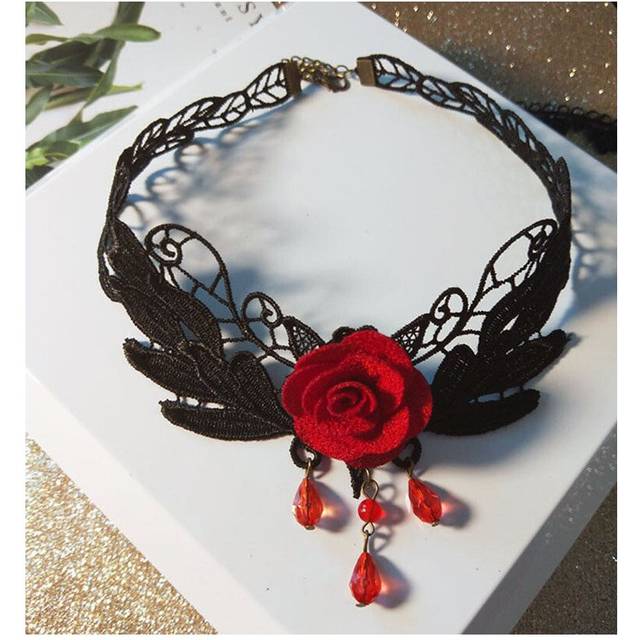 Vintage Black Gothic Lace Red Rose Choker Bib Necklace Lady Punk Jewelry Women
