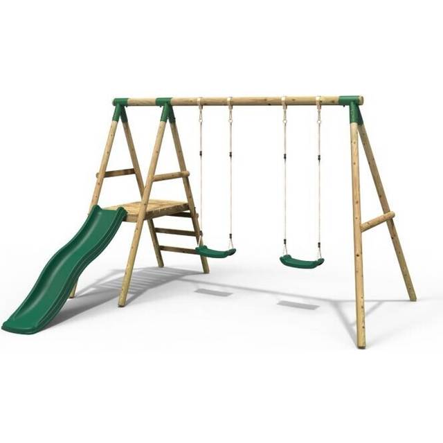 Rebo - Gemini Wooden Garden Swing Set with 2 Swings, Platform and Slide - Green