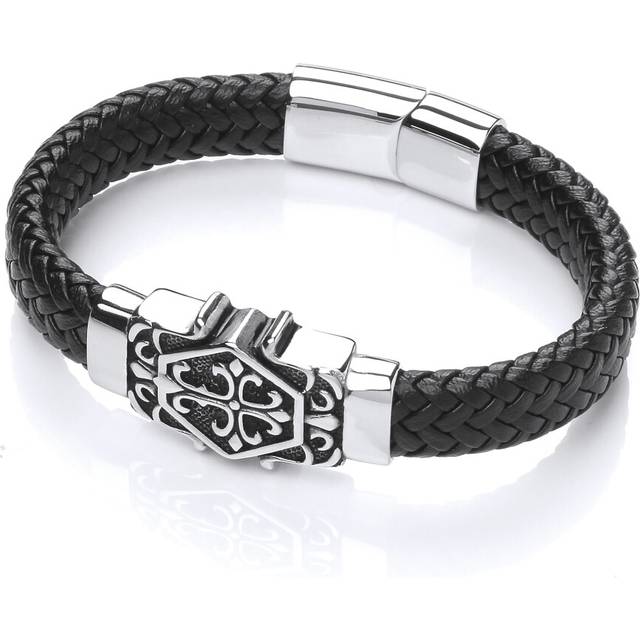 Jewelco London Mens Rhodium Plated Stainless Steel Black Leather Fleur de Lis Cross Cuff Bracelet 17mm - BRC182 - Silver