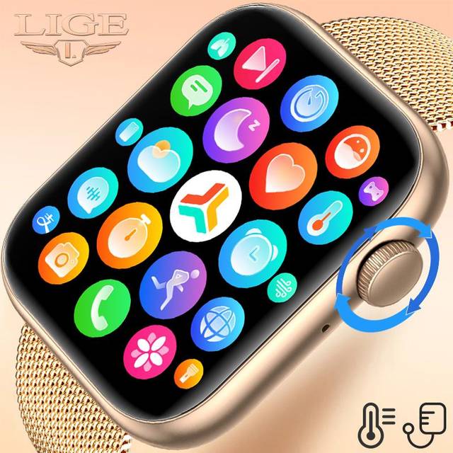 (gold, Milan Net) LIGE Body Temperature Smart Watch Women 1.85 Inch Rotary Keys Sports Bracelet Bluetooth Call Custom Dial Men Smartwath Lady 2022