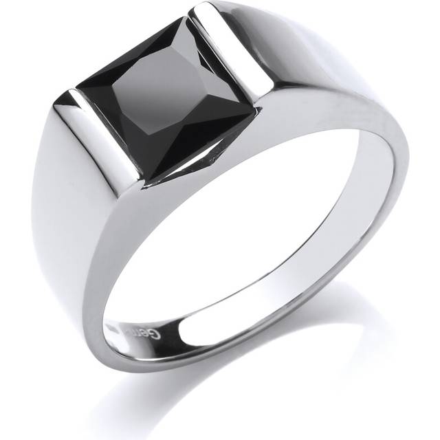 (U) Jewelco London Mens Rhodium Plated Sterling Silver Black Square Onyx Bar Set Square Solitaire Signet Ring