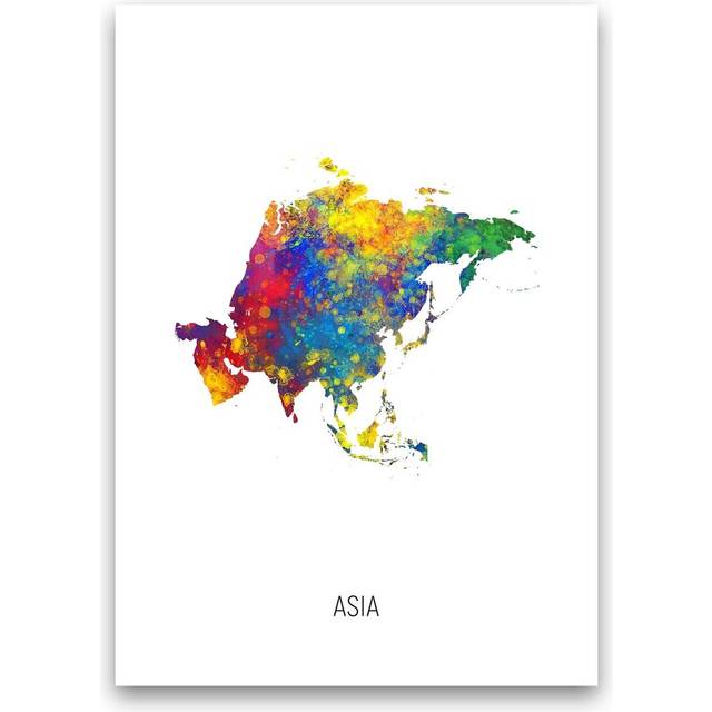 Asia Watercolour Map by Michael Tompsett - Graphic Art Print - Unframed (30cm H x 21cm W x 1cm D)