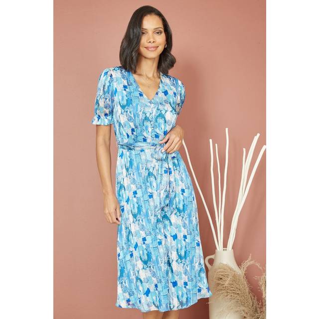 Mela London Womens Blue Abstract Print Tea Dress With Pleats And Front Split - Size 12 UK