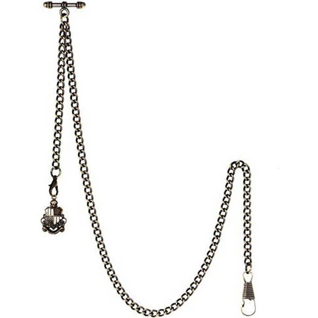 TREEWETO Men&#39;s Albert Chain Pocket Watch Curb Link Key Chain 2 Hooks with Antique Shield Bronze Pendant Design Charm Fob T Bar - Gold