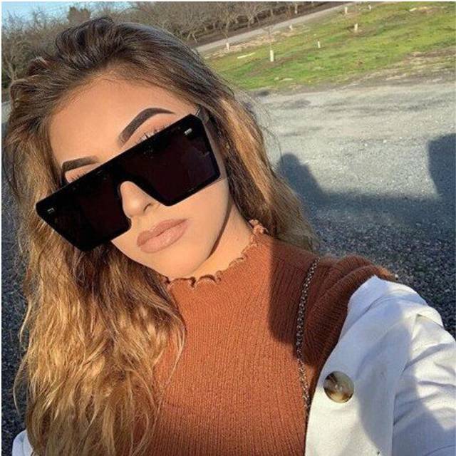 (Black Gradual Grey) LongKeeper Oversized Women's Sunglasses Female Cool Brand One-piece Flat Top Sunshades Men Mirror Square Gafas de sol UV400
