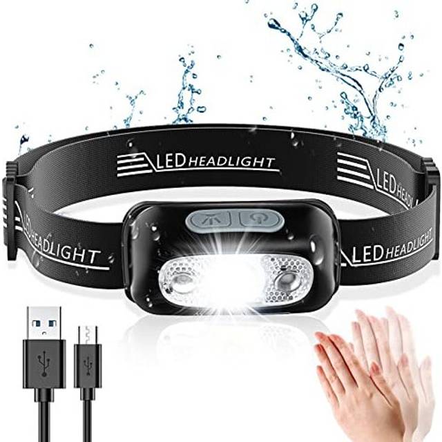Babacom Head Torch, Rechargeable Super Bright LED Headlamp - 250 Lumens, Motion Sensor, IPX6 Waterproof, 5 Lighting Modes, Adjustable Angle & Str