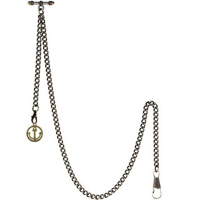 TREEWETO Men&#39;s Albert Chain Pocket Watch Curb Link Key Chain 2 Hooks with Antique Anchor Bronze Pendant Design Charm Fob T Bar - Gold