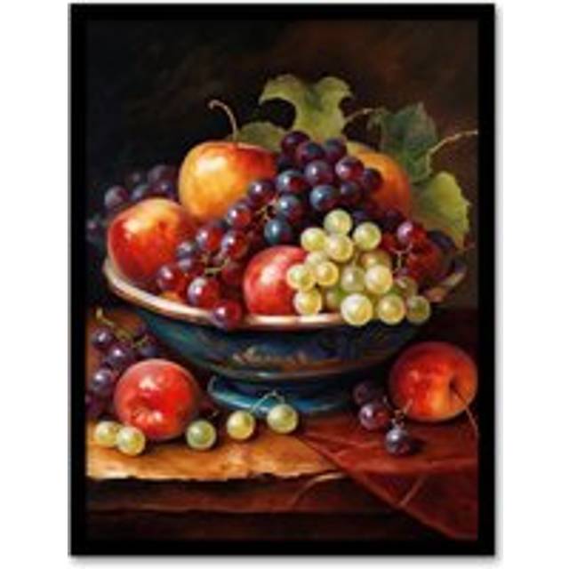 Classical Still Life Fruit Bowl Oil Painting Kitchen Artwork Framed Wall Art Print A4 - Black - A4