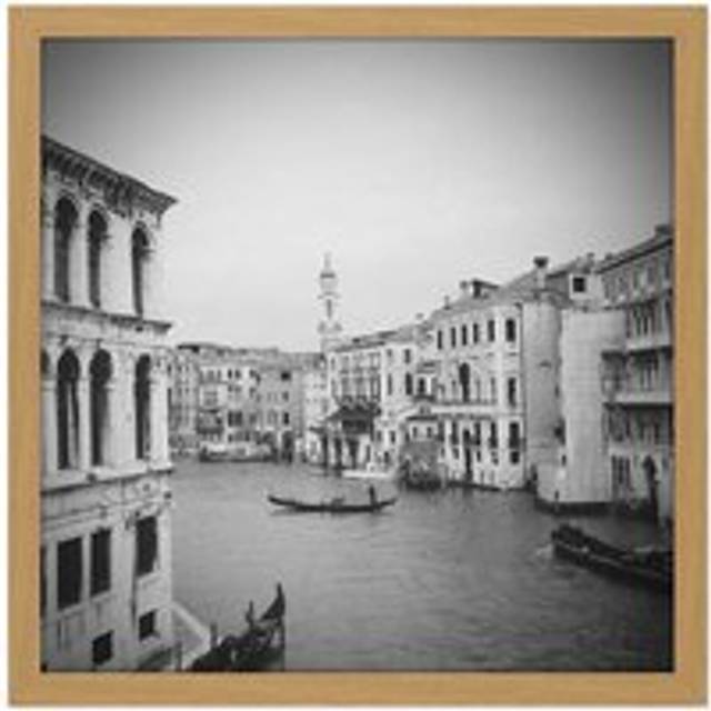 Wall Art Print Venice Canal Gondola Black White Photo Square Framed Picture 16X16 Inch - Tan - W16 inch x H16 inch
