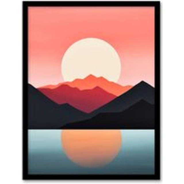 Reflecting Sea At Sunrise Calming Minimalist Painting Orange Glow Artwork Framed Wall Art Print A4 - Black - A4
