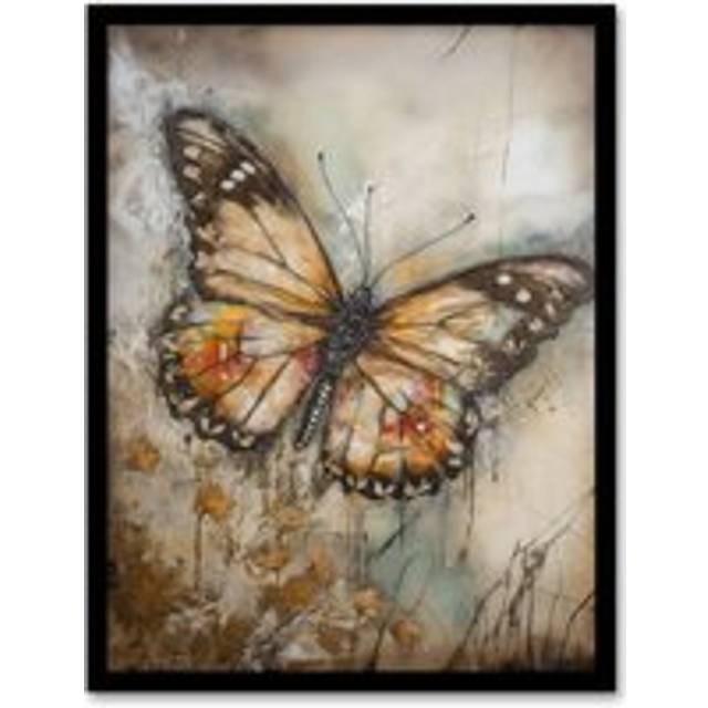 Butterfly Dawn Vintage Aesthetic Painting Calm Golden Grunge Artwork Framed Wall Art Print A4 - Black - A4