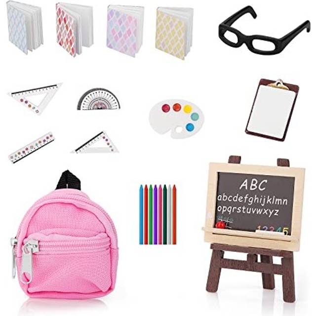 22 PCS Miniature Doll School Supplies, 1:12 Dollhouse Mini School Set Doll Miniature Book Backpack Blackboard Clipboard Rulers Crayon Playset Doll