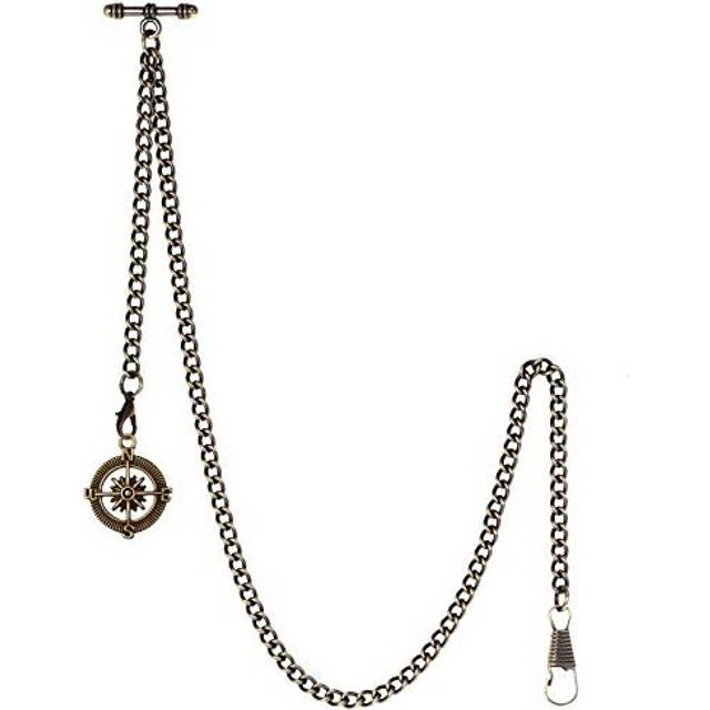 TREEWETO Men&#39;s Albert Chain Pocket Watch Curb Link Key Chain 2 Hooks with Antique Compass Bronze Pendant Design Charm Fob T Bar - Gold