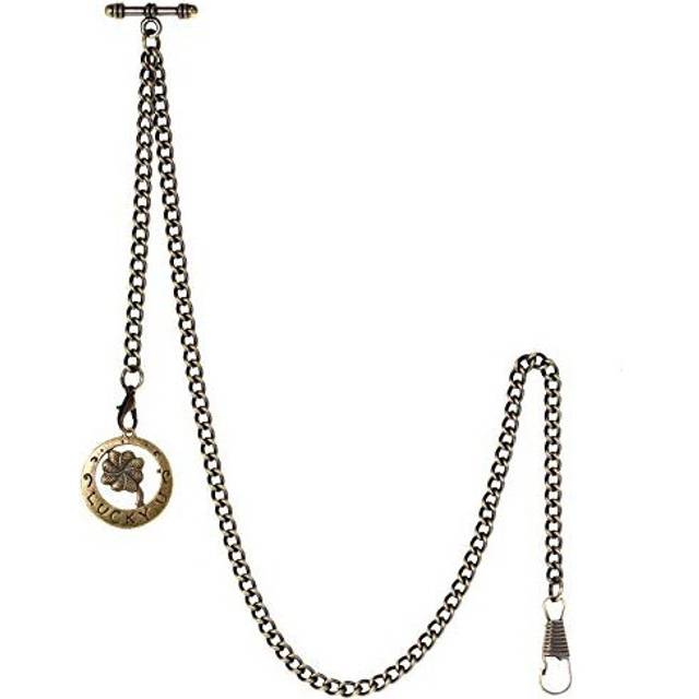 TREEWETO Men&#39;s Albert Chain Pocket Watch Curb Link Key Chain 2 Hooks with Antique Lucky Four-Leaf Clover Bronze Pendant Design Charm Fob T Bar - Gold