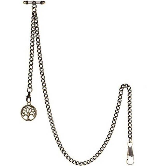 TREEWETO Men&#39;s Albert Chain Pocket Watch Curb Link Key Chain 2 Hooks Bronze with Antique Life Tree Pendant Design Charm Fob T Bar - Gold