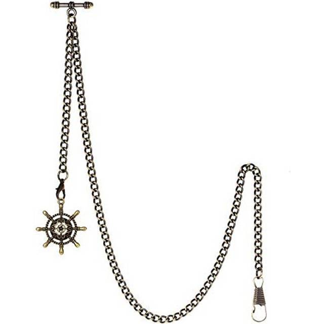 TREEWETO Men&#39;s Albert Chain Pocket Watch Curb Link Key Chain 2 Hooks with Antique Bronze Rudder Pendant Design Charm Fob T Bar - Gold