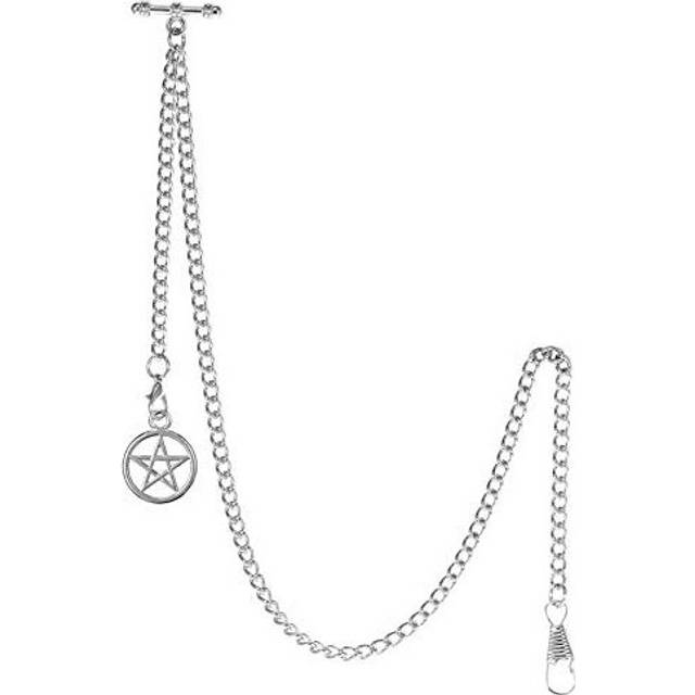 TREEWETO Men&#39;s Albert Chain Pocket Watch Curb Link Key Chain 2 Hooks with Antique Five-Pointed Star Pendant Design Charm Fob T Bar, Silver