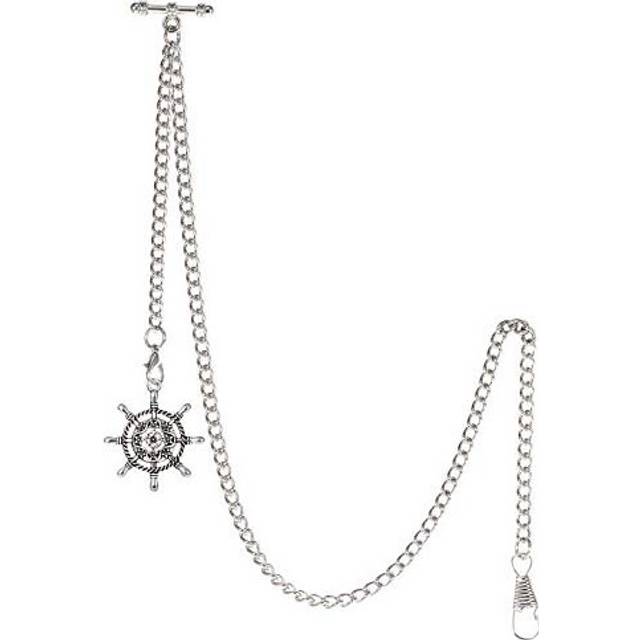 TREEWETO Men&#39;s Albert Chain Pocket Watch Curb Link Key Chain 2 Hooks with Antique Silver Rudder Pendant Design Charm Fob T Bar