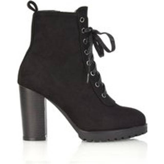 'Ariel' Lace up High Block Heel Zip-up Biker Ankle Boots - Jet Black - 7