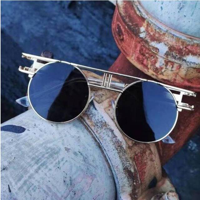 (C10 Black Clear) Round Circle Steampunk Sunglasses Men Women Vintage Sun Glasses Brand Design Blue Mirror Lens Oculos De Sol Shades UV Protection