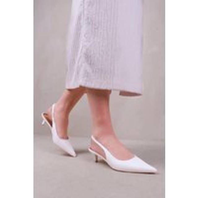 Where's That From Womens 'New' Form Low Kitten Heels With Pointed Toe & Elastic Slingback - White - Size UK 5