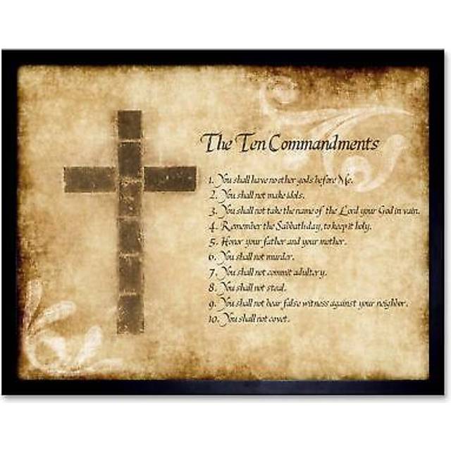 Wall Art Print Ten 10 Commandments Christianity Religion Cross Religious Quote Christian Typography Art Framed - Black - W12 inch x H16 inch