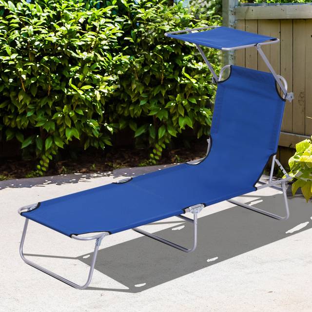 Outsunny Blue Adjustable Folding Sun Lounger with Awning - 1 Seater