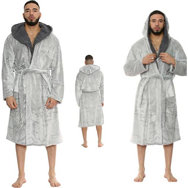 Mens Hooded Dressing Gown Plush Fluffy Soft Warm Fleece Bathrobe Gift - Silver (XL)