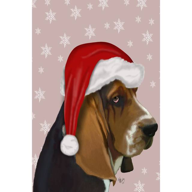 Basset Hound, Christmas Hat by Fab Funky - Wrapped Canvas Painting Print (91cm H x 61cm W)