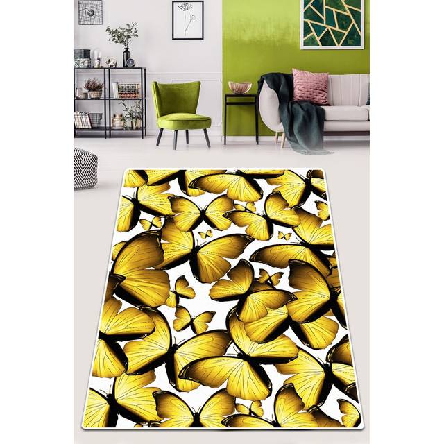 Vetter Butterfly Shaggy Yellow/Black Rug (Rectangle 100 x 160cm)