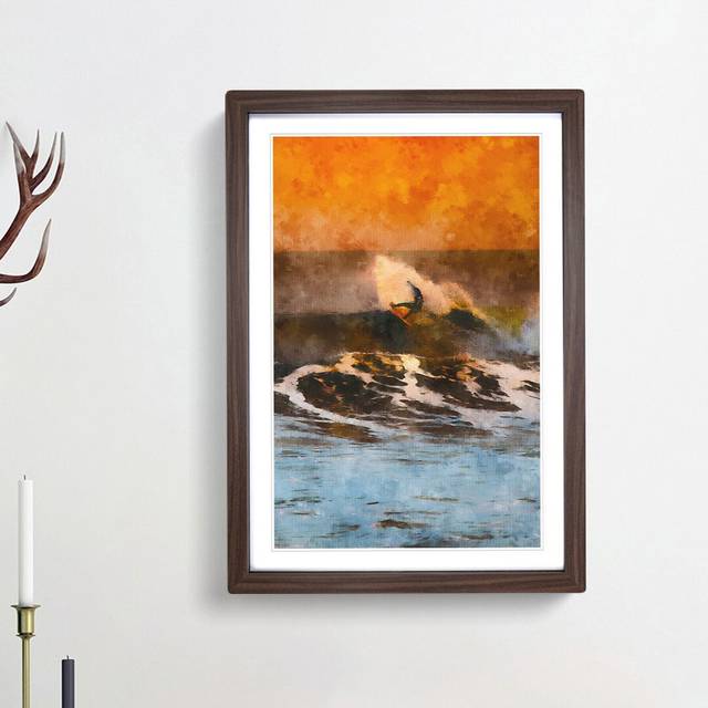 Surfing as the Sun Sets - Picture Frame Painting Print - Walnut Framed (63cm H x 45cm W x 2cm D)