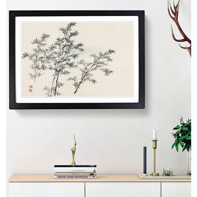 Bamboo Cane by Kono Bairei - Picture Frame Painting Print - Black Framed (27cm H x 36cm W x 2cm D)