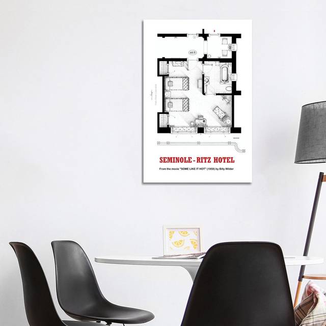 Floorplan of Hotel Room from the Movie Some Like It Hot by TV Floorplans & More - Wrapped Canvas Graphic Art (101.6 cm H x 66.04 cm W x 1.91 cm D)