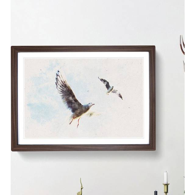 Pair of Flying Seagulls - Picture Frame Painting Print - Walnut Framed (33cm H x 45cm W x 2cm D)