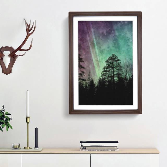 Northern Lights over the Forest - Picture Frame Graphic Art Print - Walnut Framed (63cm H x 45cm W x 2cm D)