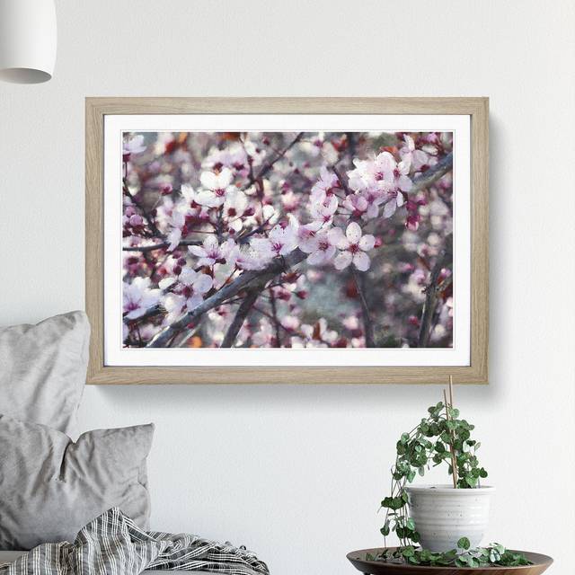 Pink Cherry Blossom Flowers Vol.8 - Picture Frame Graphic Art - Oak Framed (36cm H x 48cm W x 2cm D)