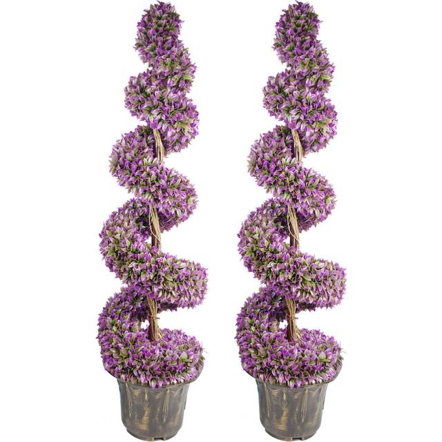 120Cm Pair Of Purple Large Leaf Spiral Topiary Trees With Decorative Planters, Purple