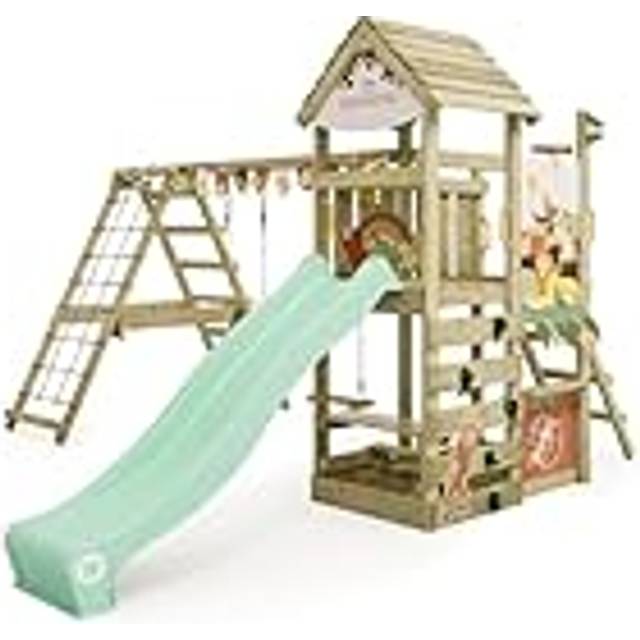 Wooden climbing frame Disney Story with swing set and slide, Garden playhouse with sandpit, climbing ladder & play-accessories - Lion King - Wickey
