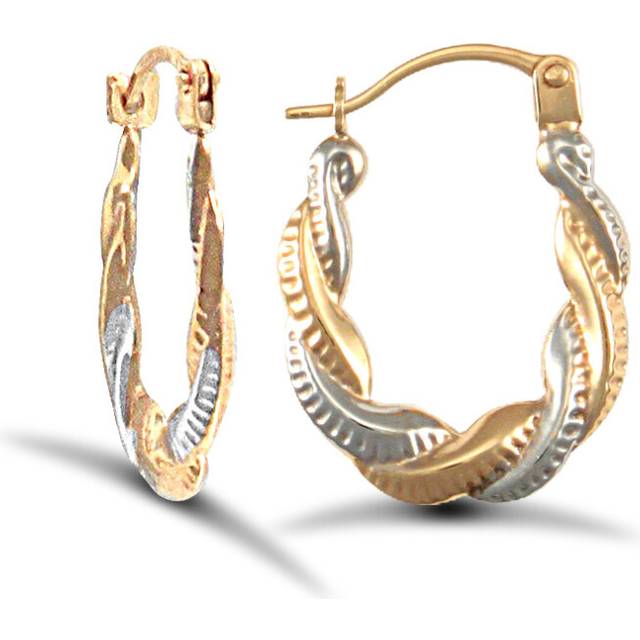 Jewelco London Ladies 9ct Yellow and White Gold Twisted Platted Creole Earrings - JER733