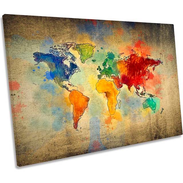 Map World Grunge Multi Colour Framed CANVAS PRINT Wall Art (30.5cm H x 45.7cm W x 2cm D)