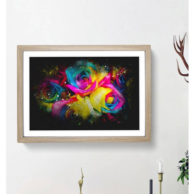 Multi-Coloured Rainbow Roses - Picture Frame Graphic Art Print - Oak Framed (24cm H x 33cm W x 2cm D)