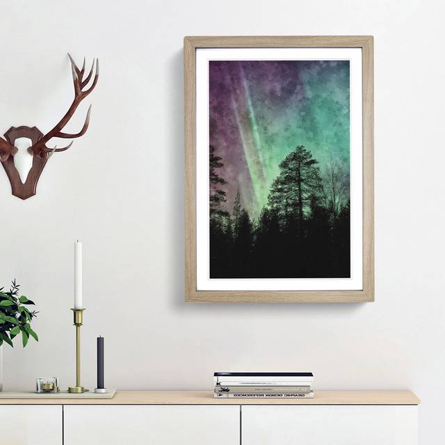 Northern Lights over the Forest - Picture Frame Graphic Art Print - Oak Framed (87cm H x 62cm W x 2cm D)
