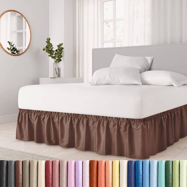 Wrap Around Dust Ruffle Bed Skirt - Brown - Bed Skirt for Full Size Beds with 18 in. Drop - Easy Fit Elastic Strap - Pleated Bedskirt with Brushed Fab