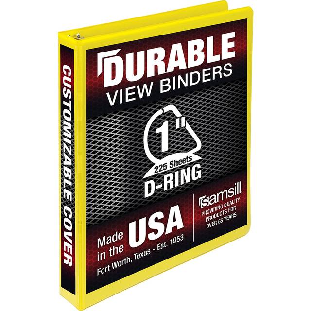 Samsill Durable 1 Inch Binder  Made in the USA  D Ring Binder  Customizable Clear View Binder  Yellow  Holds 225 Pages