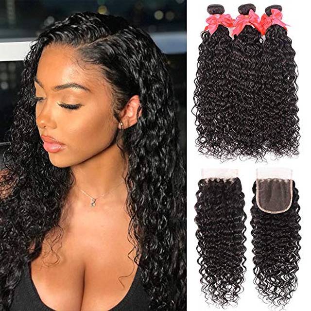 Miss GAGA Brazilian Water Wave Bundles with Closure (8 10 12+8) 100% Virgin Human hair 3 Bundles with Closure Free Part Unprocessed Wet and Wavy Curly